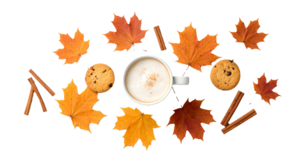 Cup of coffee, cookies and autumn maple leaves on transparent background