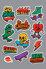 "Vibrant skateboarding stickers featuring bold text, monsters, skulls, shoes, and flames on a bright blue background."