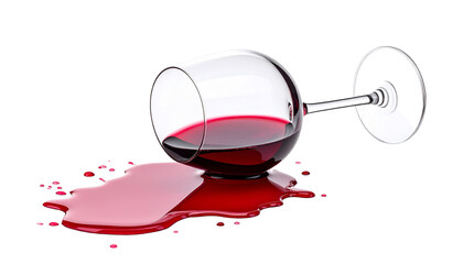 Overturned glass spilling red wine on transparent background