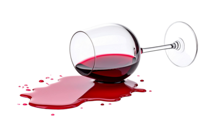 Overturned glass spilling red wine on transparent background