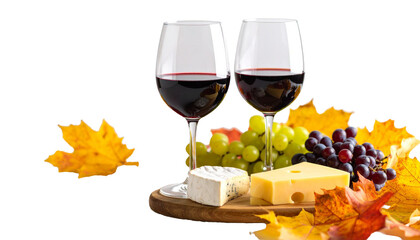 Two glasses of red wine with cheese and grapes decorated with autumn leaves on transparent background