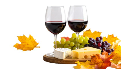 Two glasses of red wine with cheese and grapes decorated with autumn leaves on transparent background