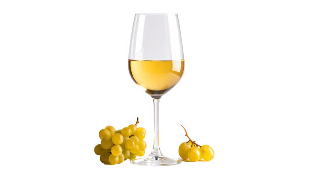 Glass of white wine with green grapes on transparent background