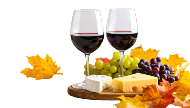 Two glasses of red wine with cheese and grapes decorated with autumn leaves on transparent background