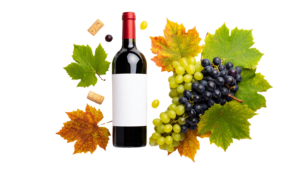 Wine bottle with blank label, grapes, and autumn leaves on transparent background