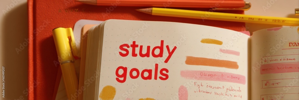 Poster study goals notebook and writing tools arranged on a colorful table for academic planning and motiva