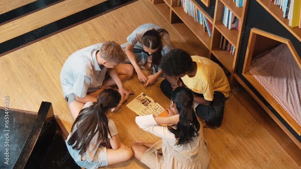 Poster group of diverse children sitting in circle while reading a book at library. top view of girl sharin