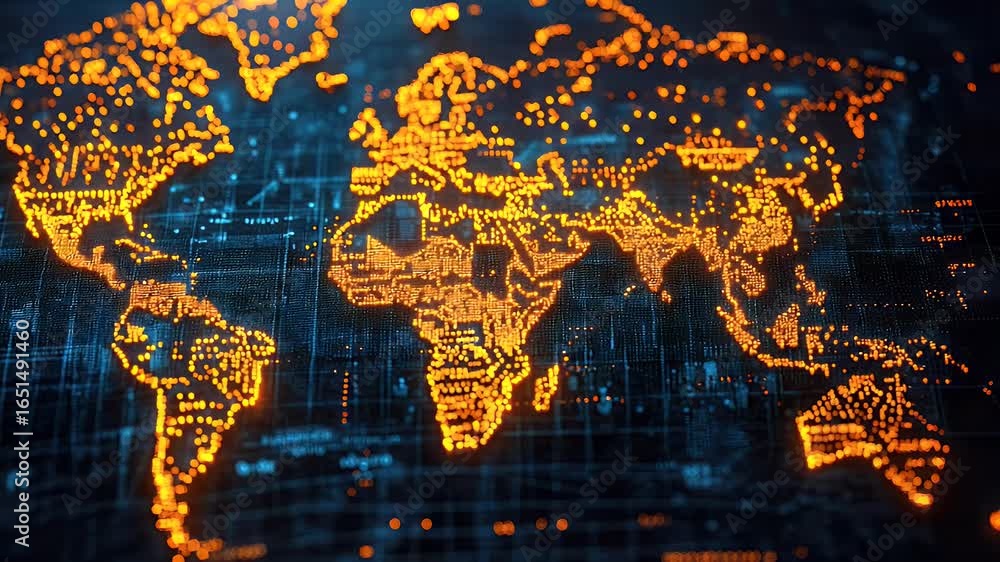Poster global network: dynamic world map with glowing data connections and digital circuitry