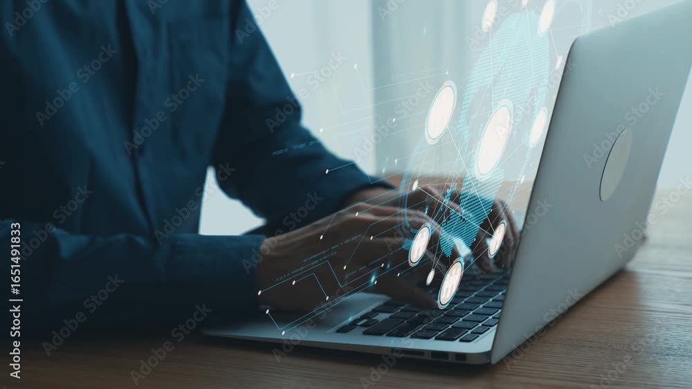 Poster modern technology concept with person typing on laptop and digital interface illustrating data visua