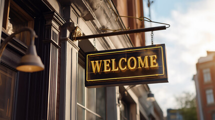 Obraz premium Nostalgic Welcome Sign Illuminates Charming Old Street