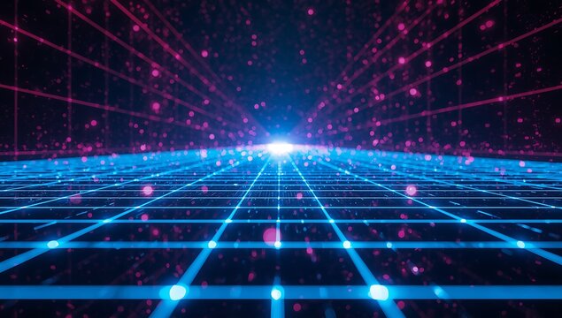 An abstract perspective view of a grid with neon blue and pink lights in a dark background