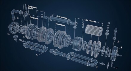 Detailed 3D blueprint schematic of an industrial multi-stage compressor in an exploded view, showcasing internal engine components.