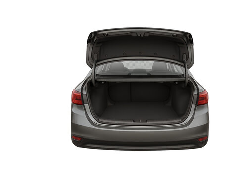 Rear view of a modern gray sedan with its trunk open showcasing the empty cargo space isolated on transparent background