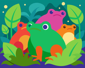 A vibrant flat illustration of four colorful frogs sitting together amidst lush green foliage and dark blue water