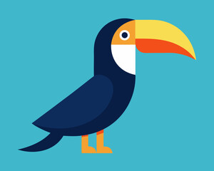 Obraz premium A stylized flat design illustration of a toucan with a large yellow and orange beak against a solid blue background