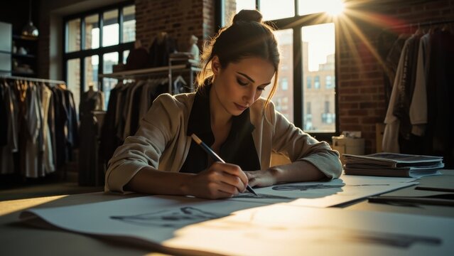 Young caucasian woman designer dressed in a fashionable jacket working with sketches sitting at a table in a modern loft studio during golden hour. Fashion design concept