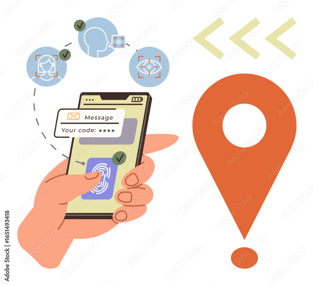Poster hand holding phone with fingerprint scan, facial recognition, secure code, gps marker, arrows. ideal