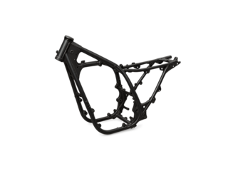 A detailed black motorcycle frame showcasing its intricate metal tubing and structural design isolated on transparent background
