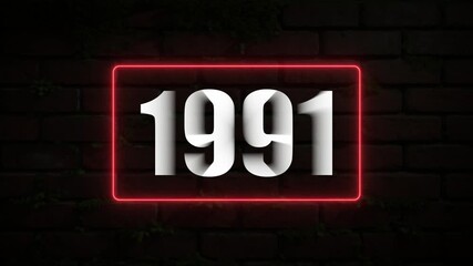  White 1991 Year Number Displayed in Red Neon Light Frame on Mossy Brick Wall text typography