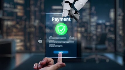 A robotic hand interacts with a digital payment interface, surrounded by security and finance icons, showcasing the blend of technology and modern banking solutions. Auvana - Powered by Adobe
