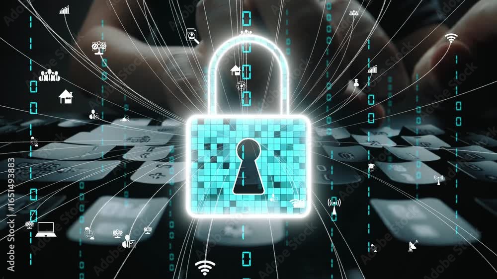 Poster this image represents digital security with a padlock symbol in a technology-driven environment, emp
