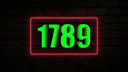 Green 1789 Number Displayed in Red Neon Frame on Mossy Brick Wall year numeral