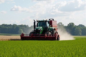 Obraz premium Large modern agricultural machine cutting a lush green crop in a vast field under a summer sky, showcasing advanced farming technology and food production