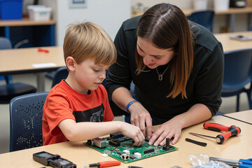 Fototapeta premium Female teacher mentors a young boy in a STEM class, helping him learn about electronics by assembling a circuit board in a hands-on school project