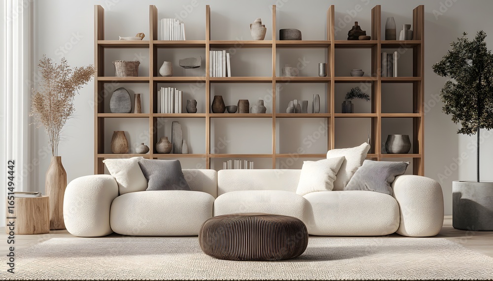 Poster a white couch with pillows on it sits in front of a large bookcase. the bookcase is filled with book