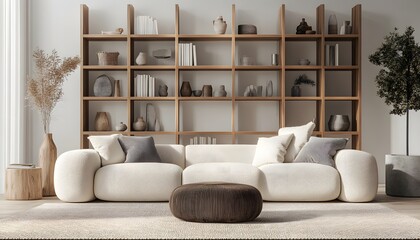A white couch with pillows on it sits in front of a large bookcase. The bookcase is filled with books and has a vase on top
