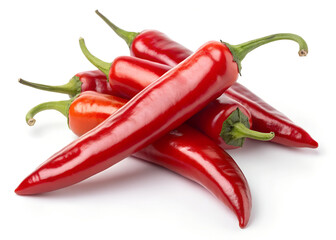 A pile of fresh red hot chili peppers isolated on a white background.