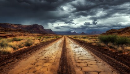 A dirt road with a storm in the distance. The sky is dark and cloudy. There are no people or vehicles on the road