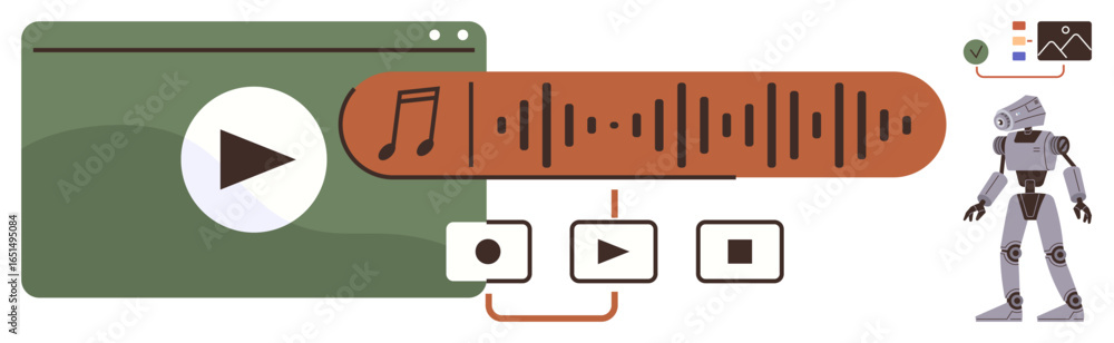 Poster multimedia player interface, audio waveform, playback controls, and robot figure. ideal for ai, tech