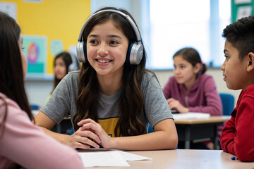 Focused young female student wearing headphones while studying at desk in modern classroom with other students working quietly in background during educational technology lesson