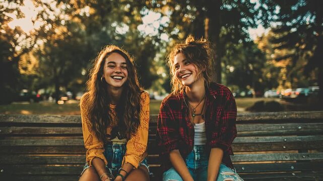Friends enjoy a joyful moment at the park during sunset while sitting on a bench