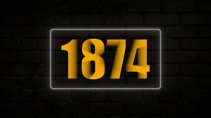 Yellow Neon Number 1874 Illuminated on a Dark Brick Wall with Mossy Texture year numeral