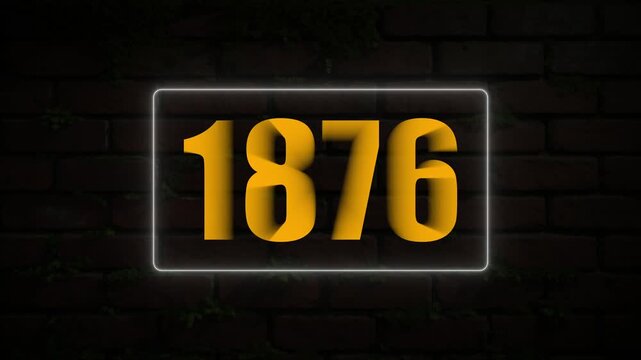 Yellow 1876 Number Displayed in Neon Light Frame on Mossy Brick Wall year numeral