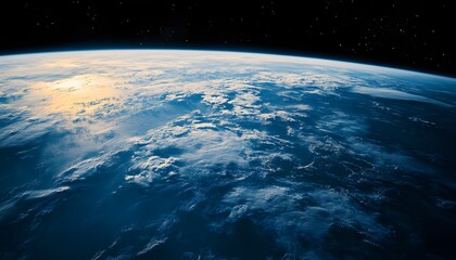 The sky is blue and the sun is setting. There are clouds in the sky