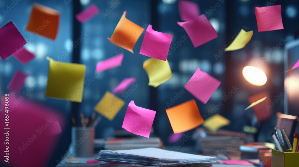 Poster colorful sticky notes flying in an office environment during evening hours with a dimly lit backgrou