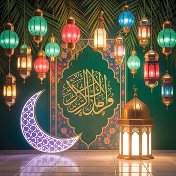 &ldquo;Islamic Lanterns with Crescent Moon and Arabic Calligraphy &ndash; Ramadan & Eid Decoration&rdquo;