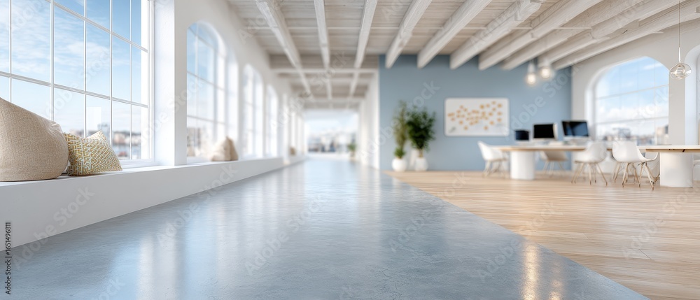 Poster modern and bright hybrid workspace with collaborative areas for projects and workflow in a welcoming