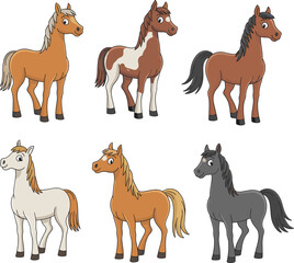 Cartoon horses illustration, cute farm animal drawing, colorful horse clipart, children’s education, equestrian concept, pony artwork, livestock character design, 