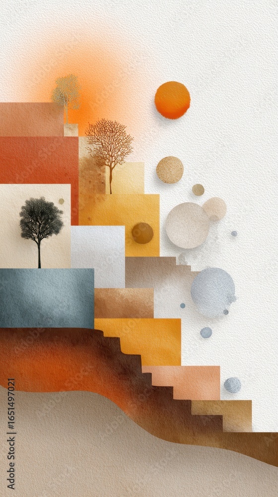 Poster conceptual watercolor workflow hybrid project illustrating phases with abstract shapes and trees
