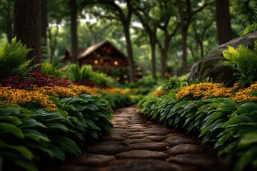 Enchanting Cobblestone Path Through a Lush Garden to a Secluded Wooden Cabin