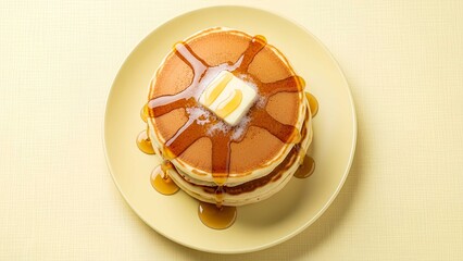 Overhead view of fluffy pancake stack with melting butter and maple syrup, captured against a clean pastel background for minimalist breakfast styling.