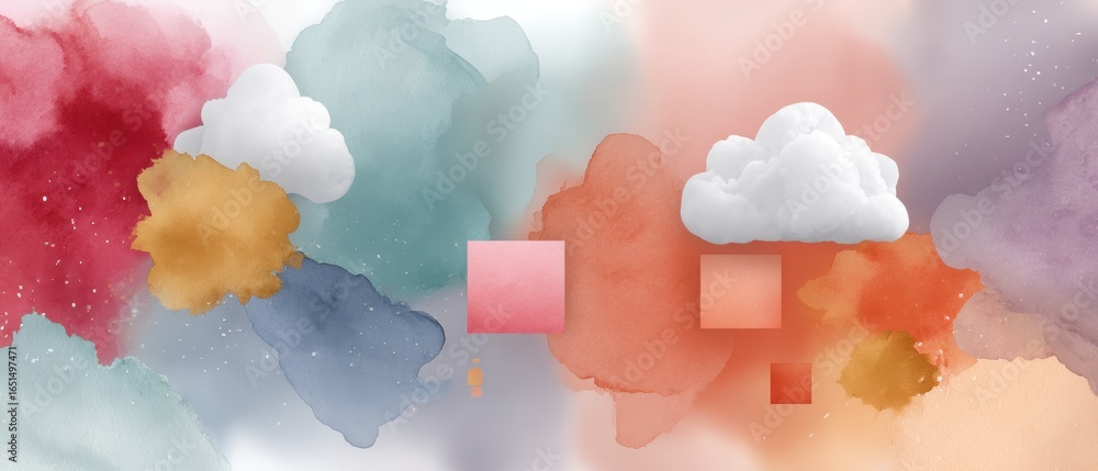Poster watercolor hybrid project workflow icons in floating style ideal for creative digital art and graphi