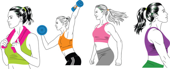 Strong athletic women training with dumbbells, fitness exercise, healthy lifestyle, workout motivation, sports activity, gym strength training, active wellness, cardio workout