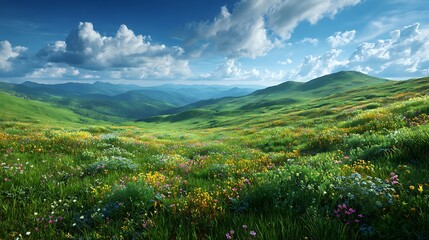 Rolling hills and meadow with spring blossom HD photos