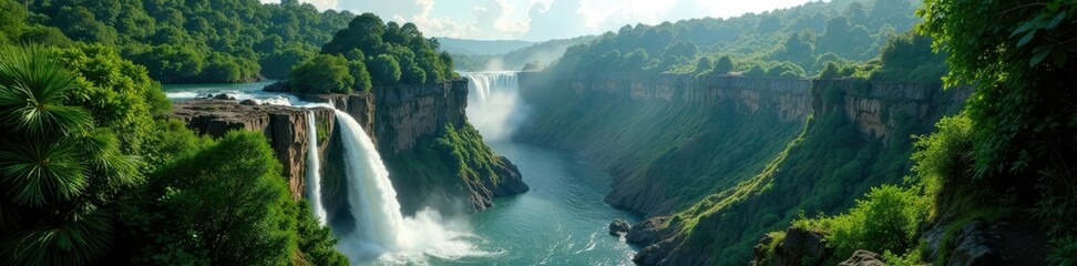 Volcanic rock formations, cascading waterfall, dense rainforest, vibrant, volcanic