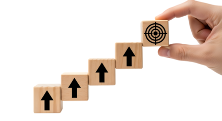 Business Growth Steps with Target Goal Wooden Blocks Cut Out PNG.